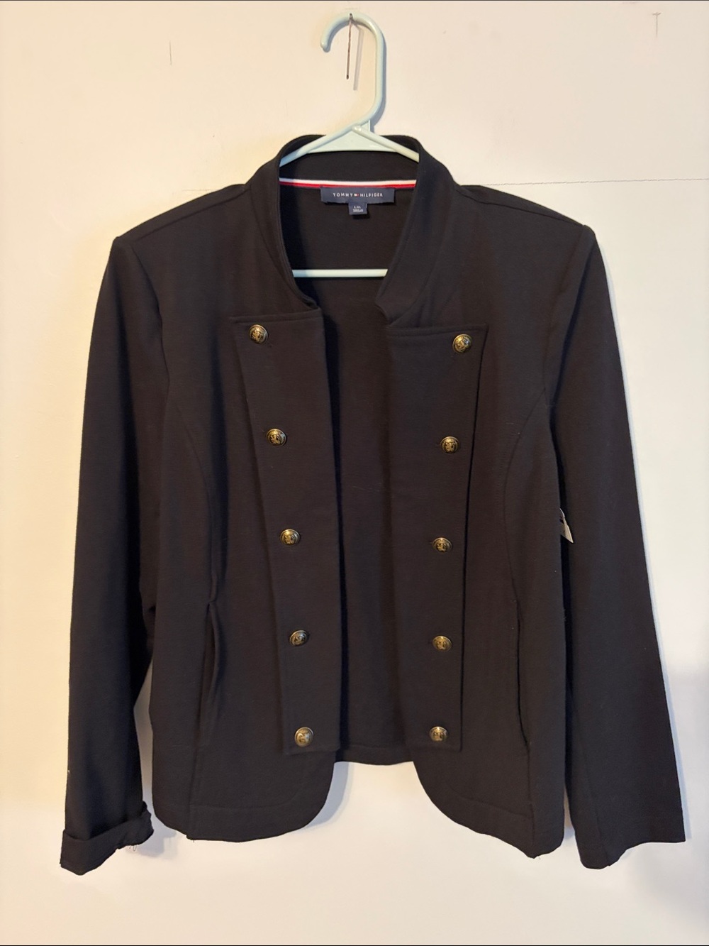 Tommy Hilfiger Black Double-Breasted Military style Blazer. Large. Cotton/knit.